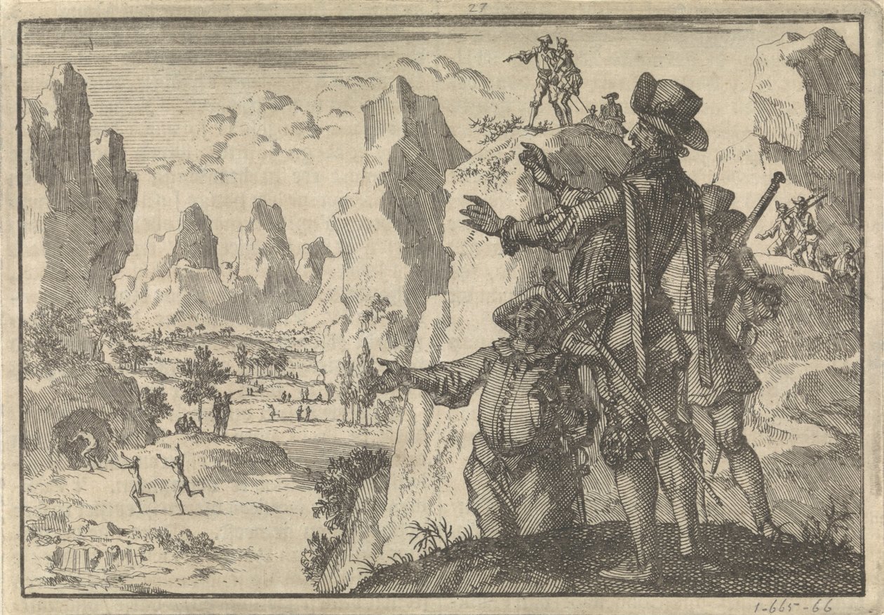 Armed Spaniards Looking Down from Rocks at Wild People, ca. 1600 by Jan Luyken