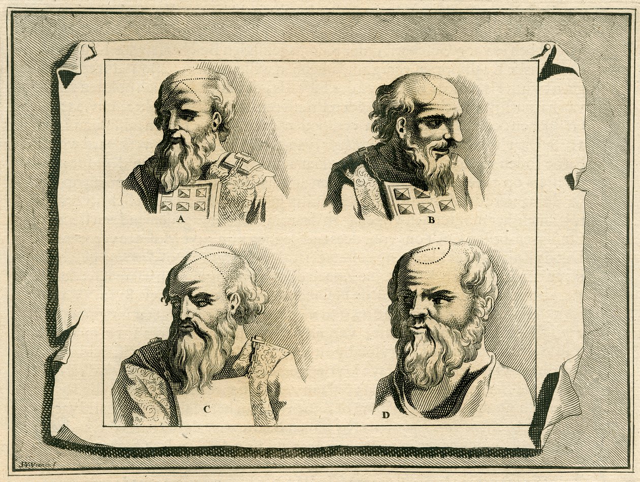 Greek letters drawn on the head of the High Priest as part of the initiation anointing with oil, 1700 by Jan Luyken