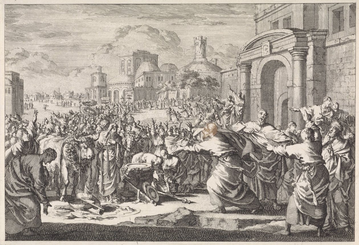 Inhabitants of Lystra Want to Sacrifice Oxen to the Two Apostles by Jan Luyken
