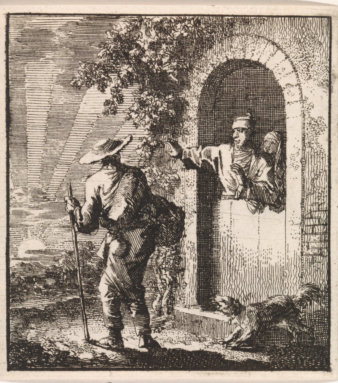 Man in a Doorway Gestures a Weary Traveler to Pass by Jan Luyken