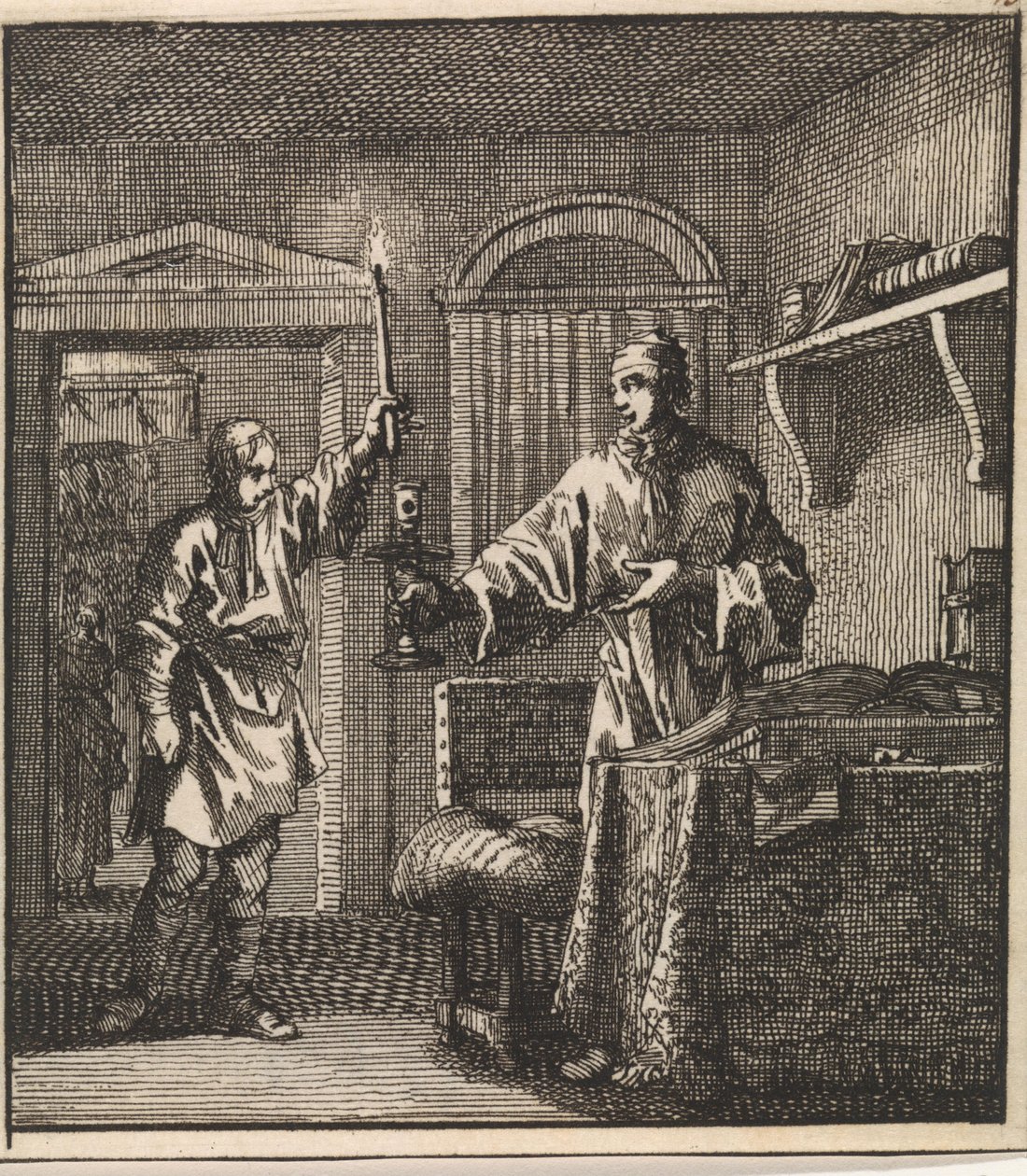A Man Puts a Burning Candle into the Candlestick That Another Man Holds Ready for Him by Jan Luyken