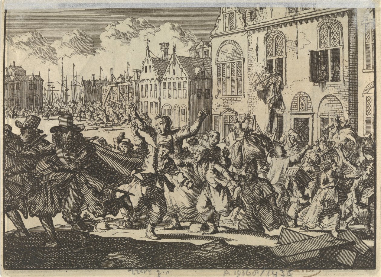 Riot in Enkhuizen where the houses of vice-admirals Kwast and Turk are destroyed, 1635 by Jan Luyken