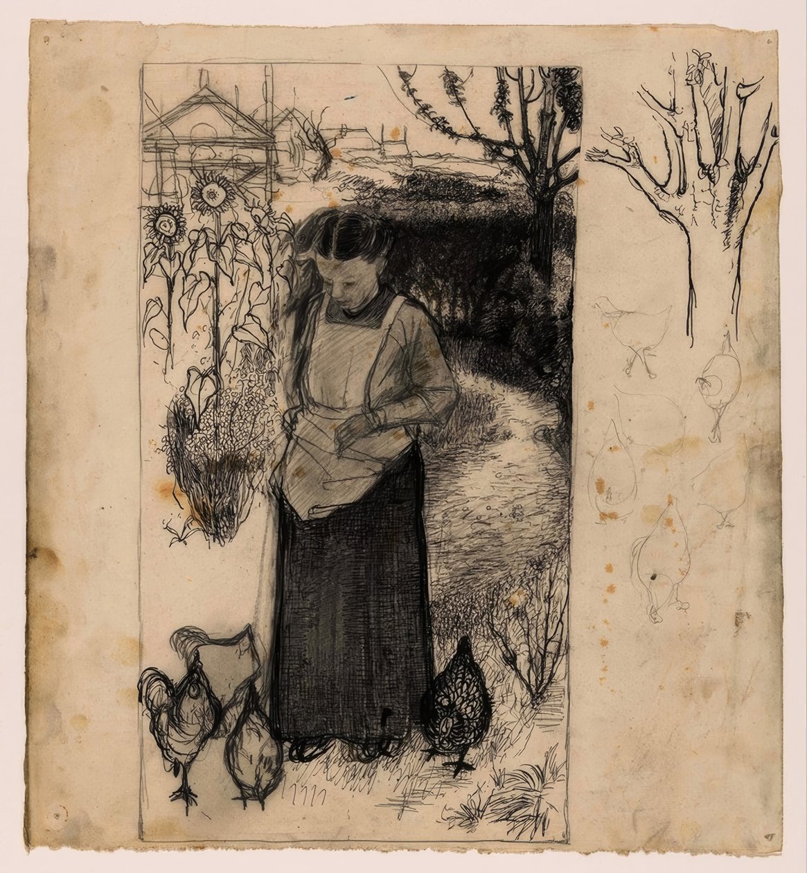 Annie Mankes-Zernike Feeding Chickens, Right: Studies of a Tree and Chickens by Jan Mankes