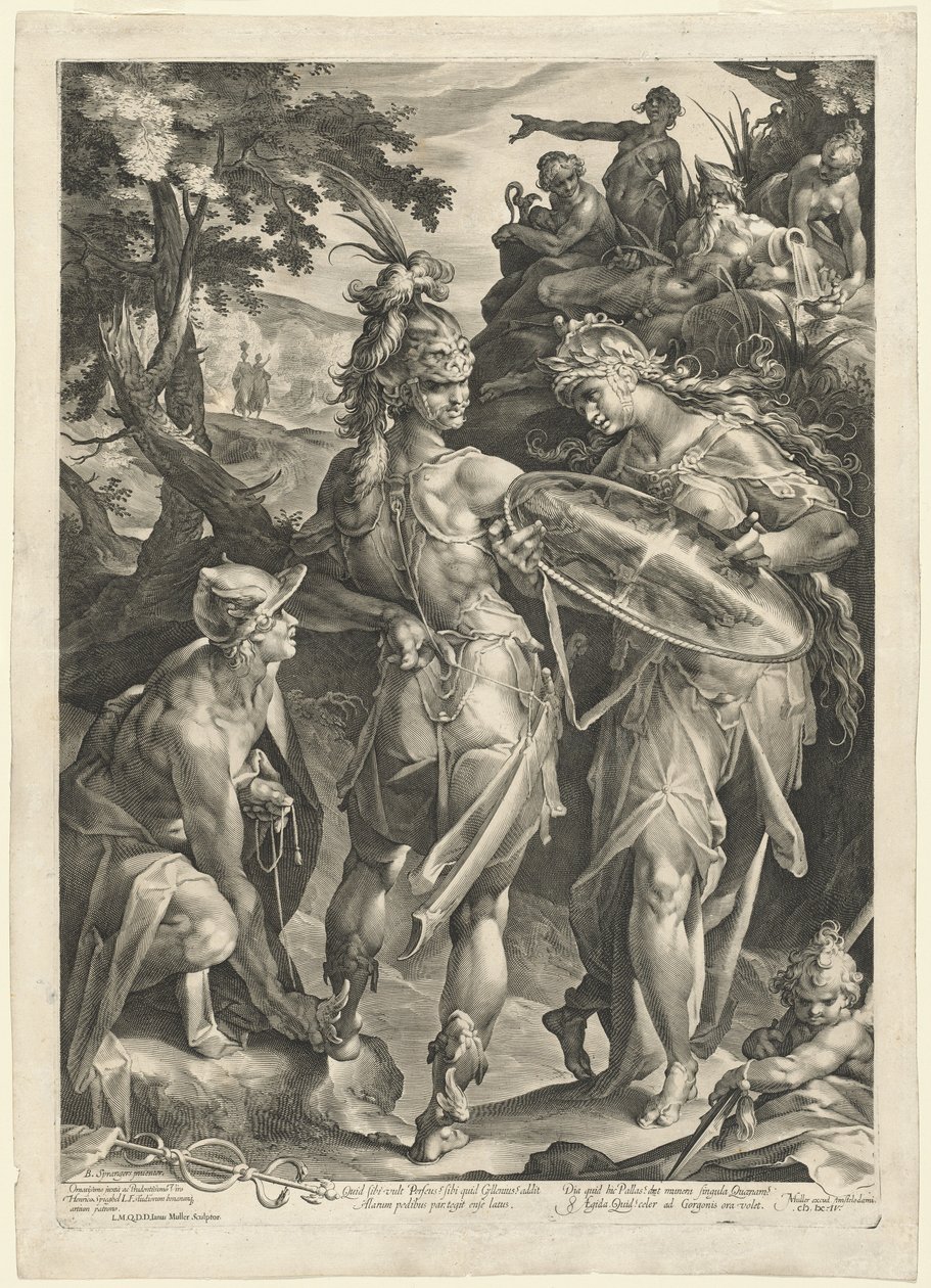 Minerva and Mercury Arming Perseus by Jan Muller, after Bartholomaeus Spranger