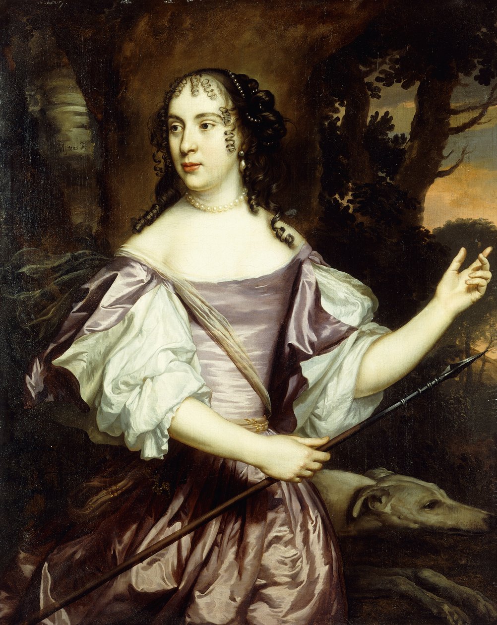 Portrait of a Lady, Standing Three-Quarter Length, Wearing a Lavender and White Satin Dress by Jan Mytens