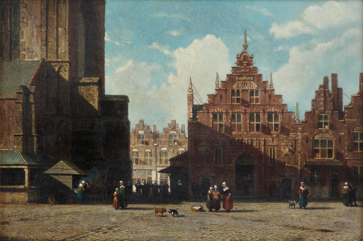 A Sunlit View of the Grote Markt with the St. Bavo Church and the Vleeshal, Haarlem by Jan Weissenbruch