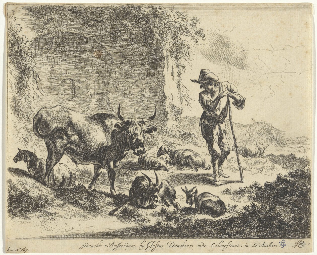 Shepherd Resting on His Staff by a Ruin (series title: Landscapes with Shepherds and Cattle) by Jan de Visscher