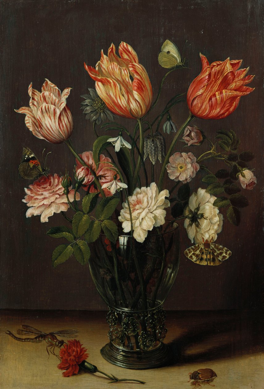 Tulips with Other Flowers in a Glass on a Table by Jan Brueghel the Younger