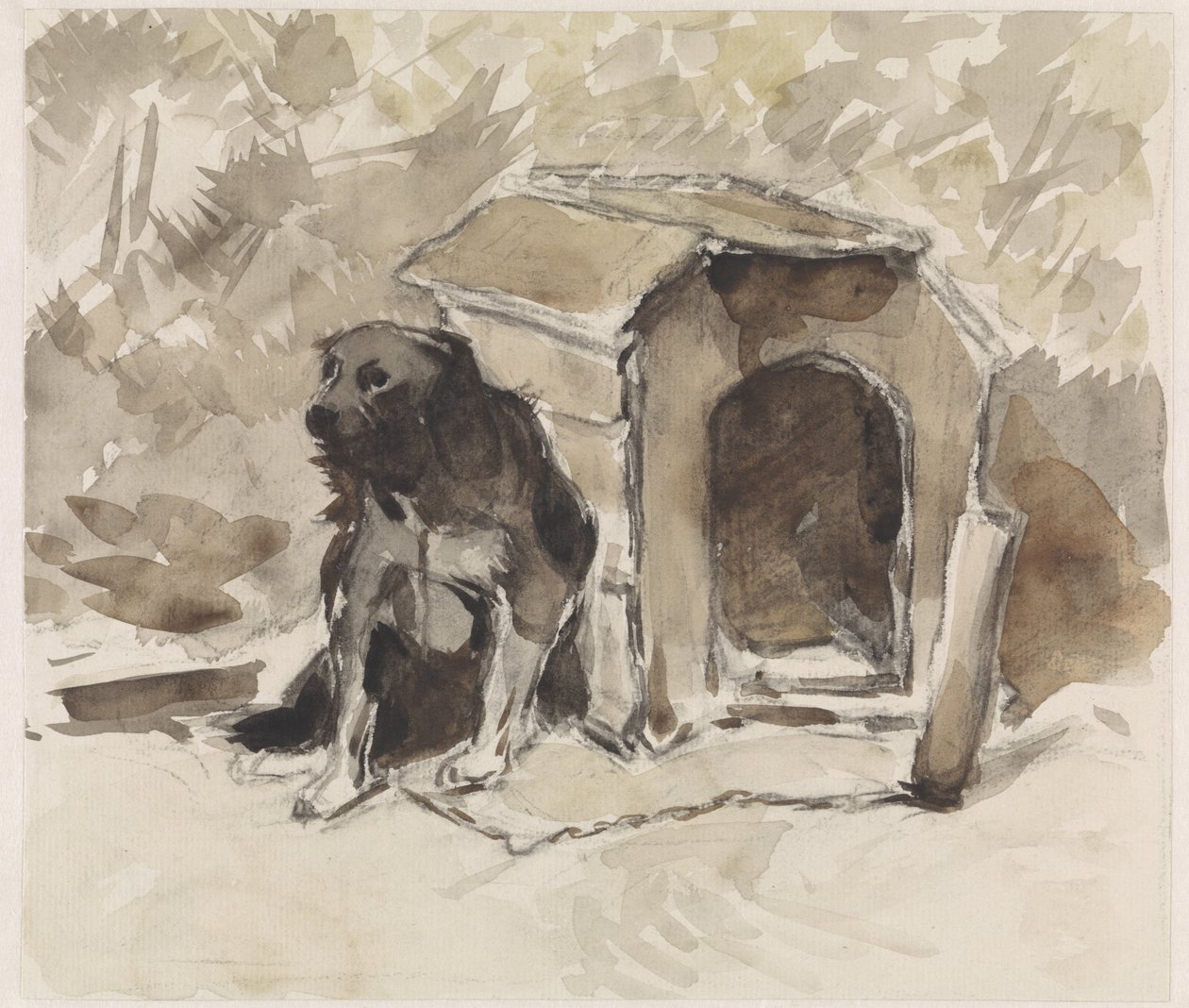 Dog, Leashed Sitting in Front of Its Kennel by Jan van Essen