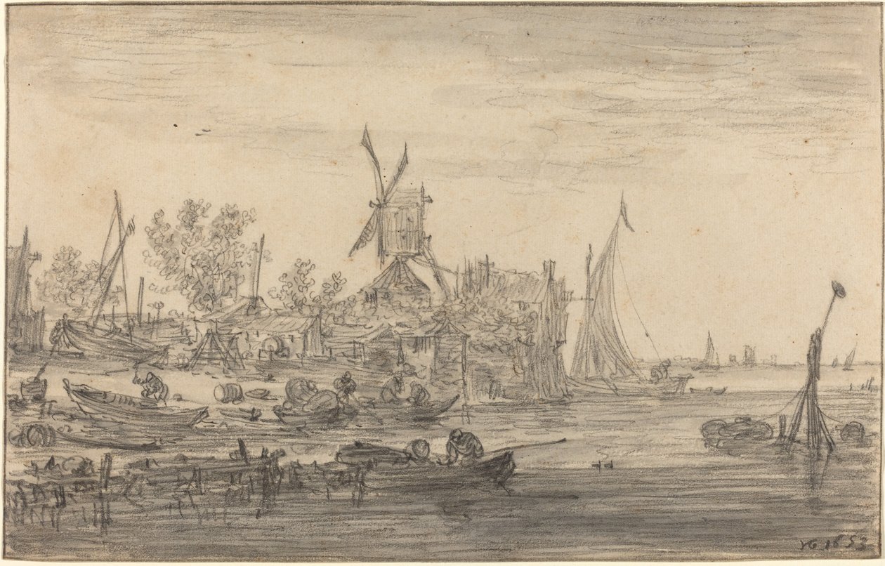 Foreshore Scene with Windmill by Jan van Goyen