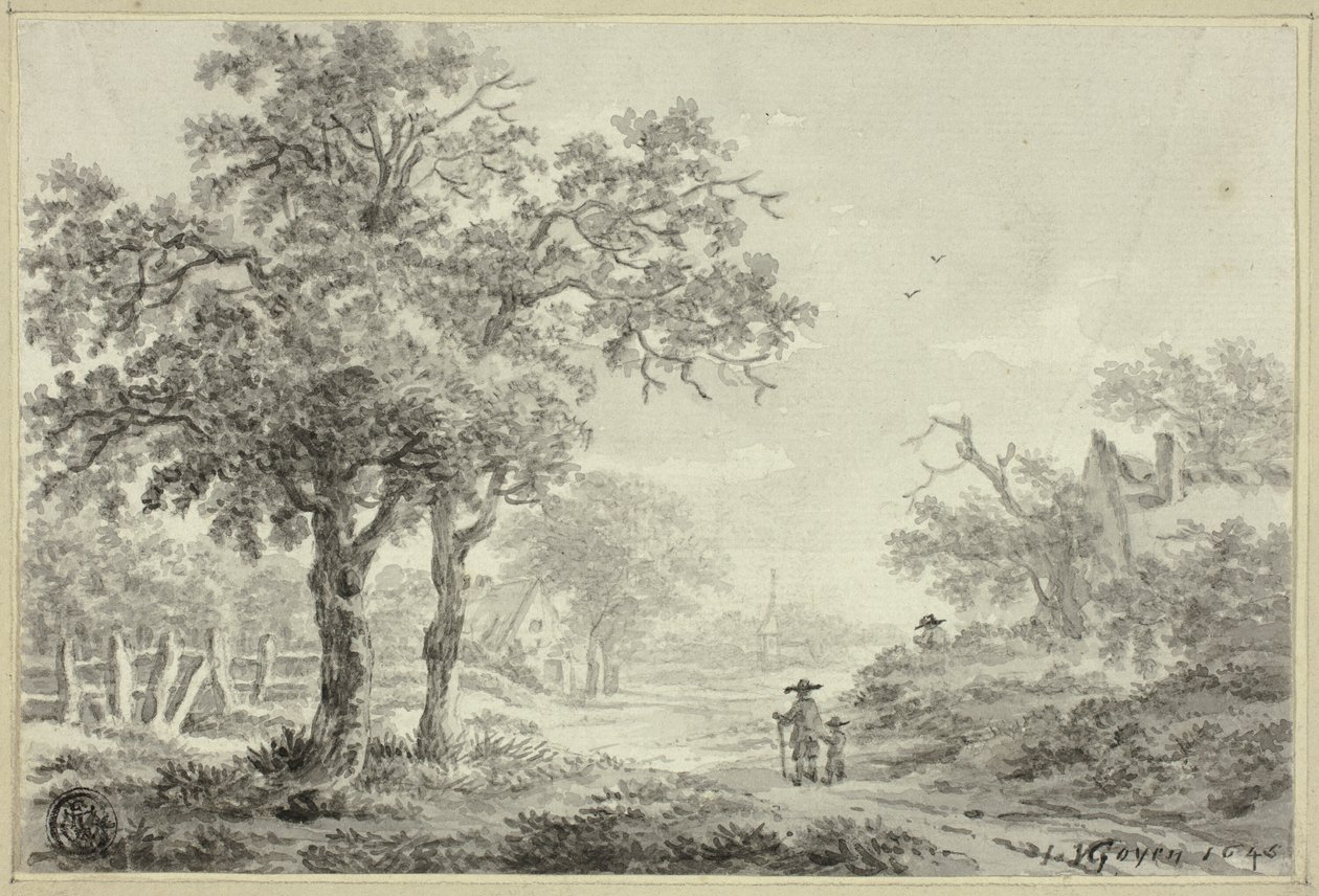 Man and Boy Walking Down Village Road by Jan van Goyen