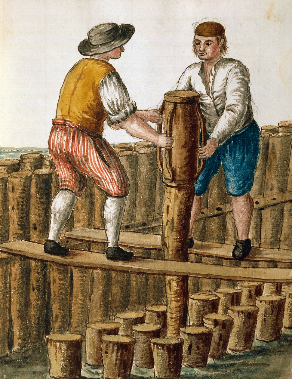 Laying foundations of Venetian lagoon, illustration from Dress of Venetians manuscript by Jan van Grevenbroeck