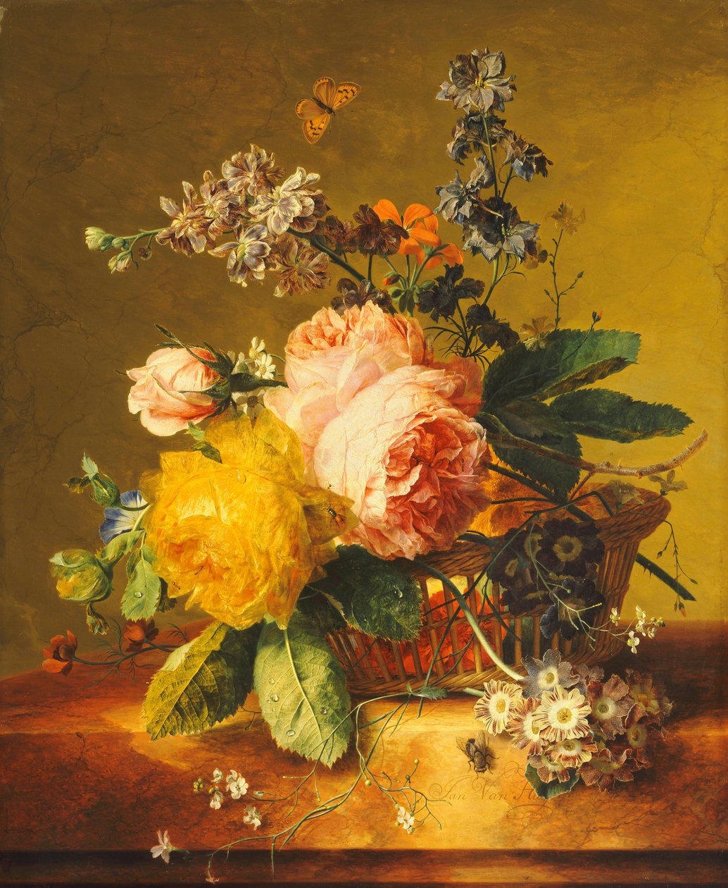 Roses and other Flowers in a Basket on a Marble Ledge by Jan van Huysum