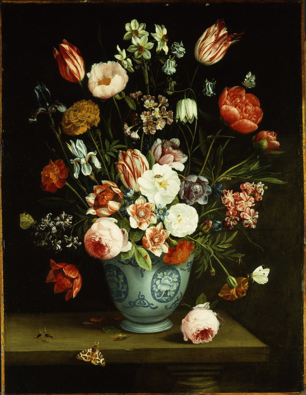 Flowers in a Blue and White Porcelain Vase, with Moths and Other ...