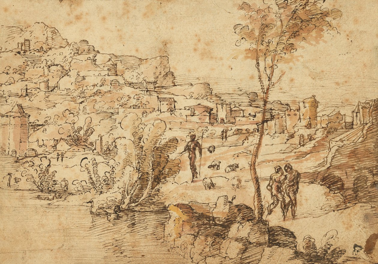 Landscape with Shepherds by a River and a Town Beyond; Figure Studies and Roman Ruins by Jan van Scorel