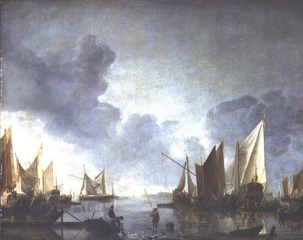 A Calm, with a Dignitary Heralded in a State Barge and Fishermen in the Foreground by Jan van de Capelle or Cappelle