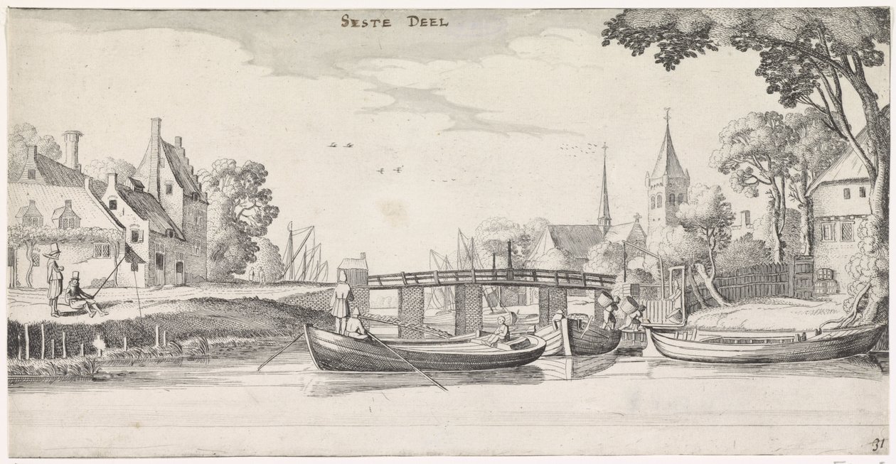 Boats at a Jetty in a Village Pleasant Landscapes and Amusing Views (series title) by Jan van de Velde (II)