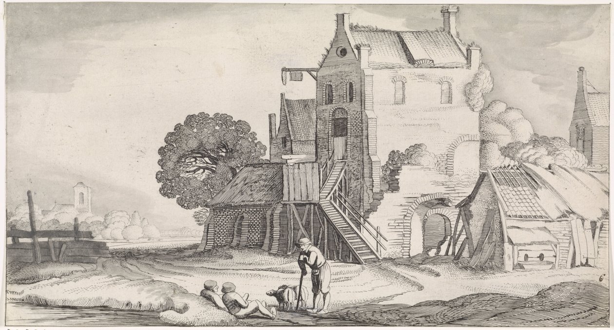 Three Conversing Figures at an Inn (series title: Pleasant Landscapes and Delightful Sights) by Jan van de Velde (II)