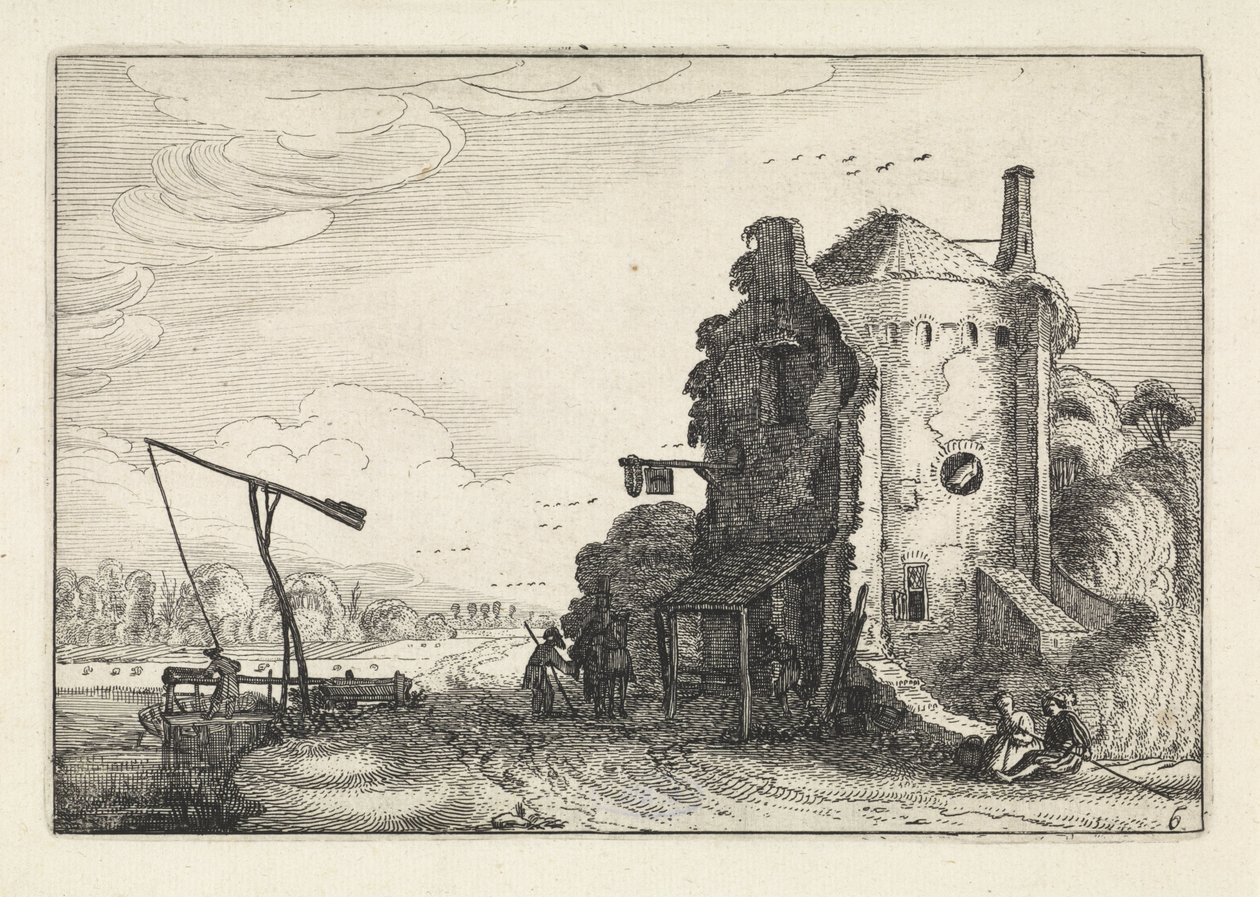 Figures by an Inn in a Round Tower (series title: Landscapes, Amenissimae aliquot requculae) by Jan van de Velde (II)
