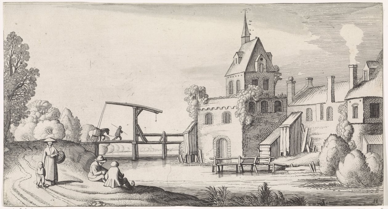 Figures by a Drawbridge in Front of a Village with Church Tower by Jan van de Velde (II)