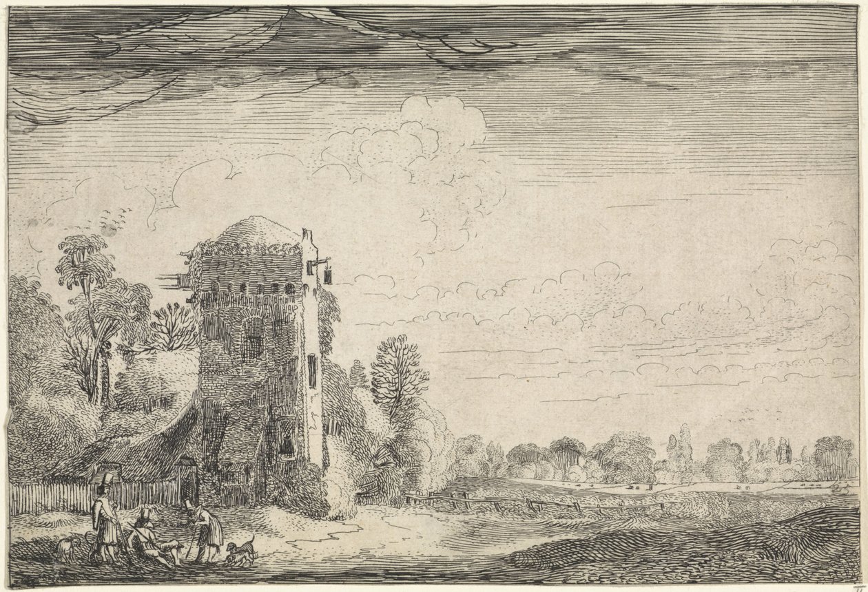 Hunters with Dogs by a Tower in a Landscape (series: Landscapes, Amenissimae aliquot requculae) by Jan van de Velde (II)
