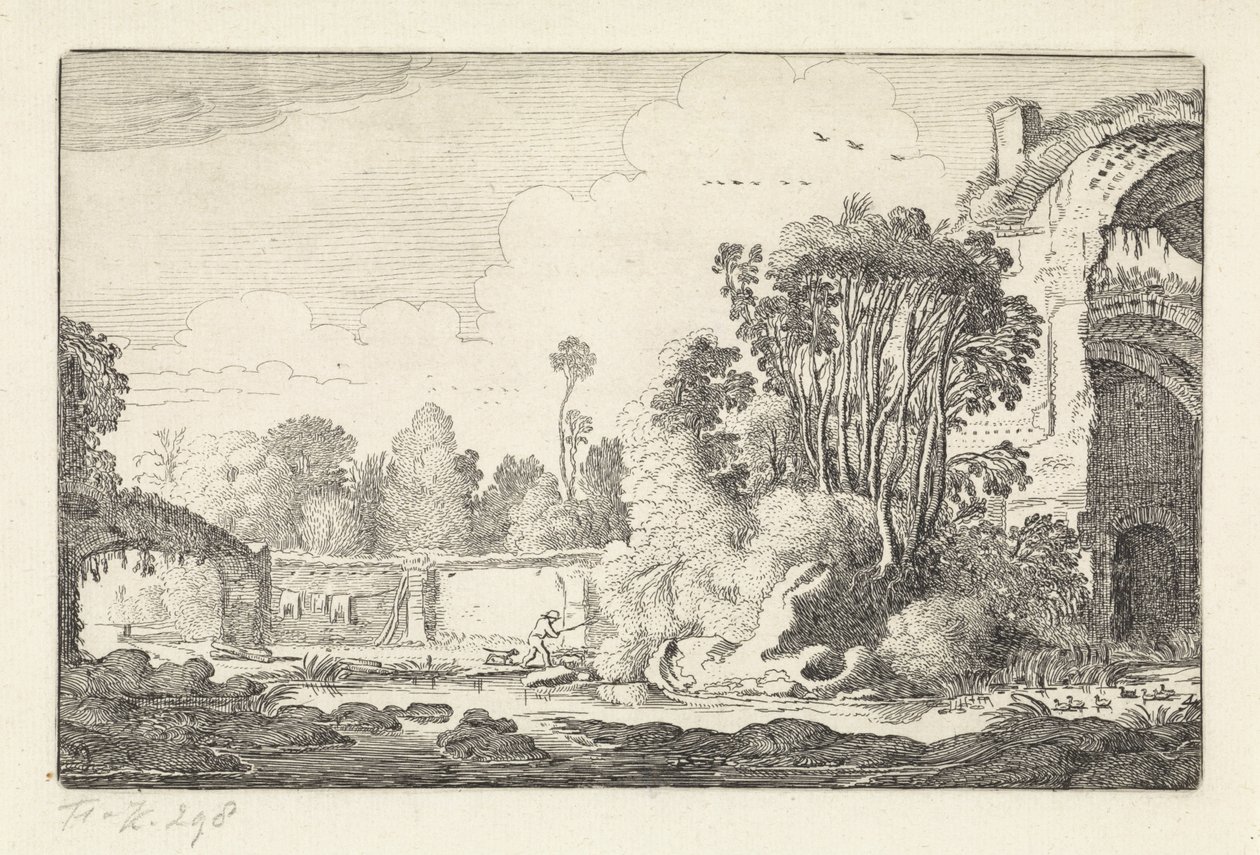 Man with a Dog by a Ruin (series title: Landscapes, Amenissimae Aliquot Requculae) by Jan van de Velde (II)