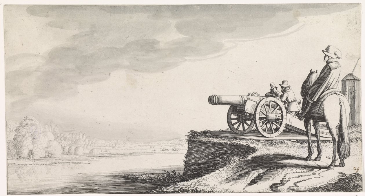 Rider and Two Soldiers by a Cannon on a Riverbank by Jan van de Velde (II)