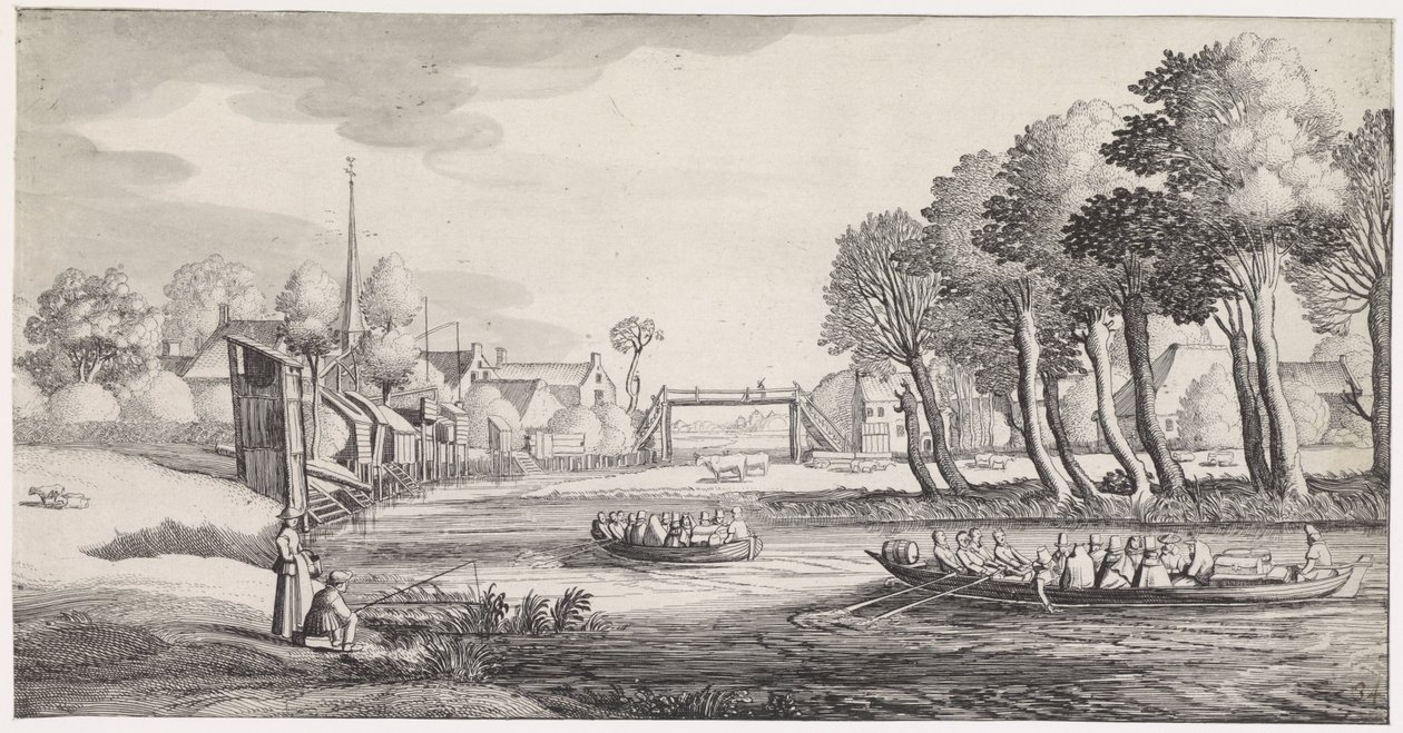 Two Rowboats on a River by a Village (series title: Pleasant Landscapes and Delightful Sights) by Jan van de Velde (II)