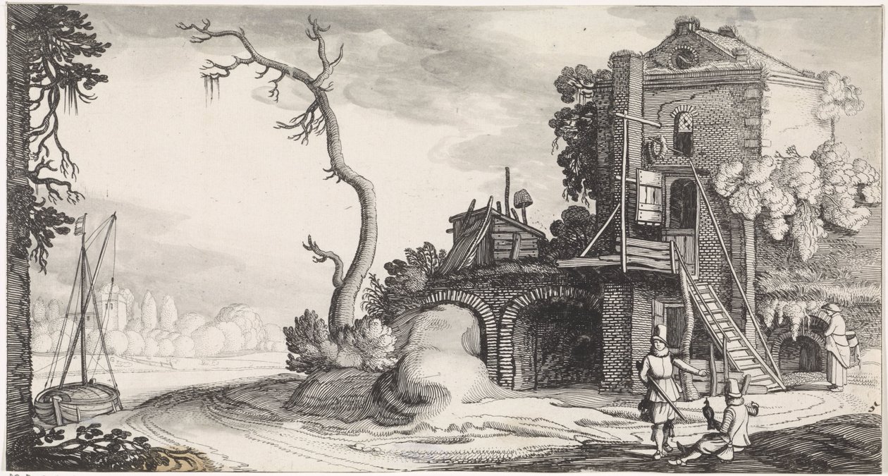 Two Falconers by a Tower Used as an Inn by Jan van de Velde (II)