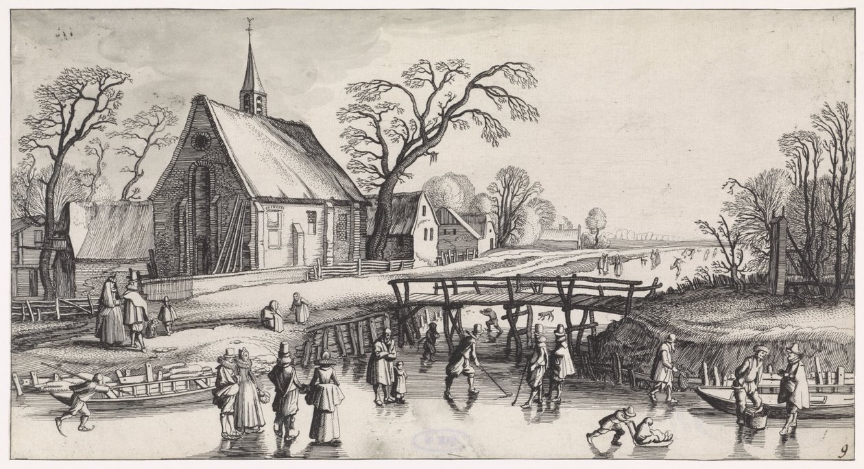 Winter Landscape with Skaters by a Village (series title: Pleasant Landscapes and Delightful Sights) by Jan van de Velde (II)