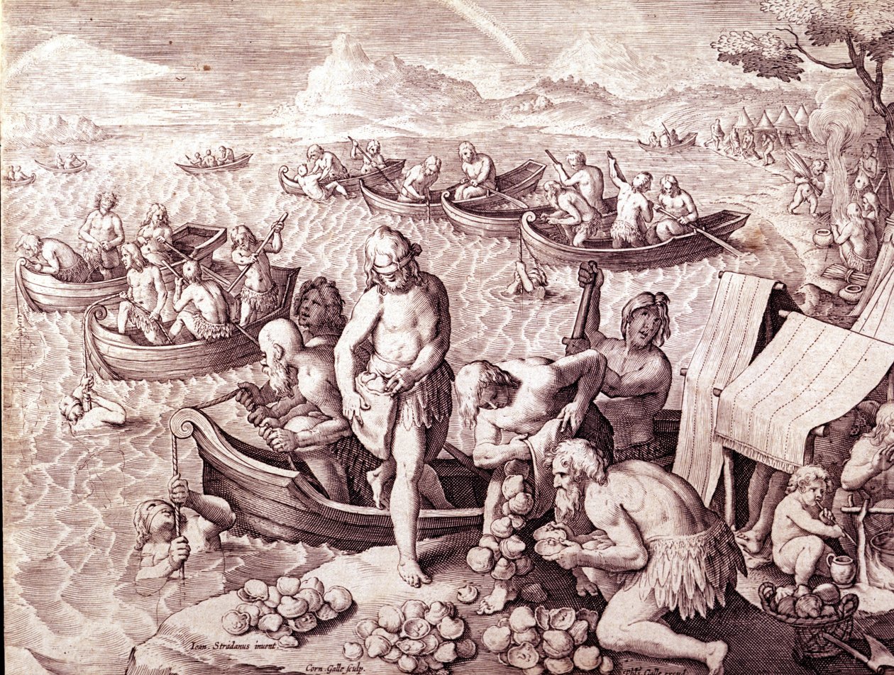 Oyster fishing. 17th century. Engraving by Giovanni Stradano (Jan Van Der Straet) (Johannes Stradanus) (1523-1605) by Jan van der Straet