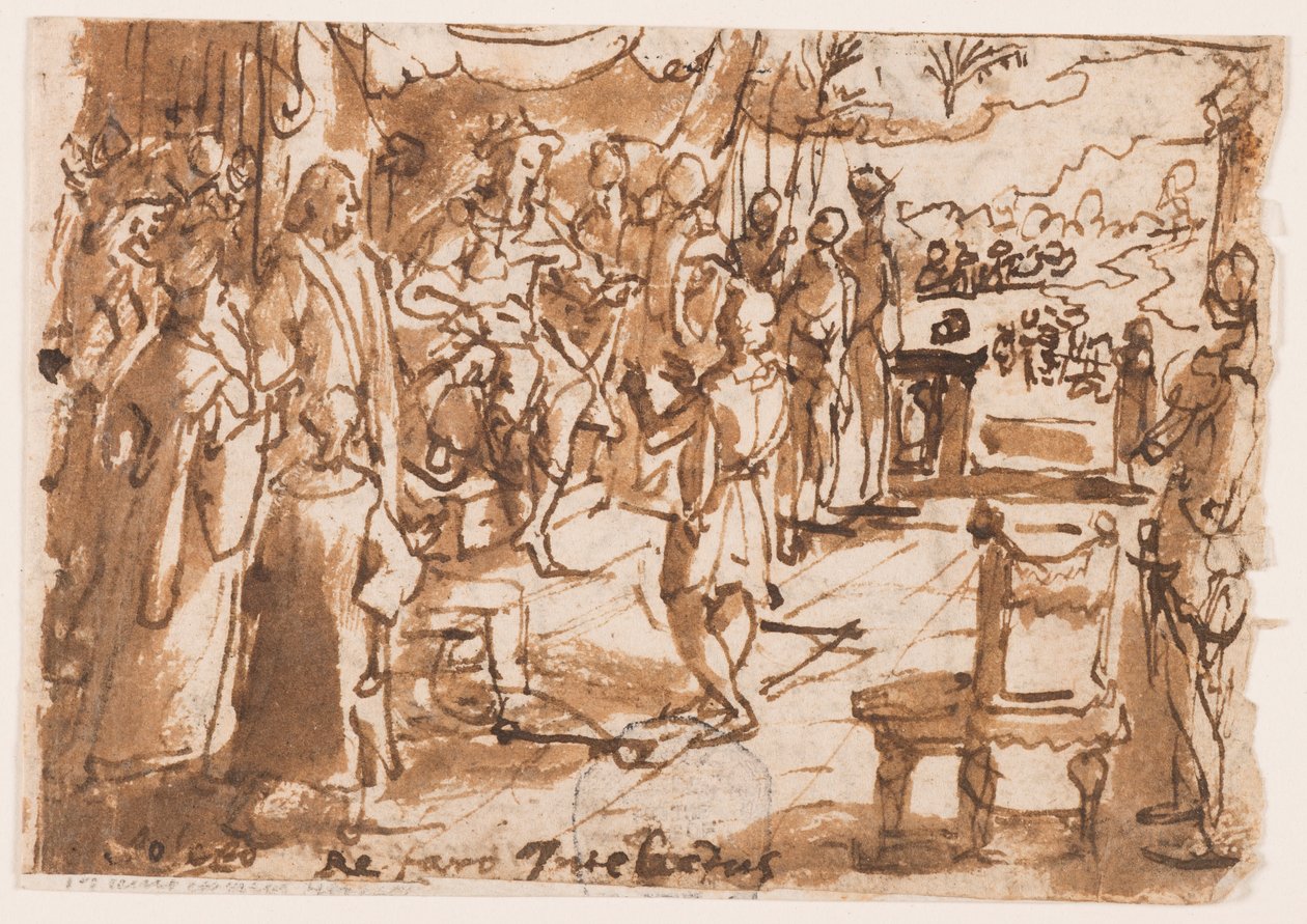 Joseph interpreting the dreams of Pharoah, preliminary design for plate 2, "Spiritus Intellectus" (The Spirit of Intellect) in the "Seven Gifts of the Holy Spirit" series; inscription concerning print series of the "Life of John the Baptist" by Jan van der Straet, called Stradanus