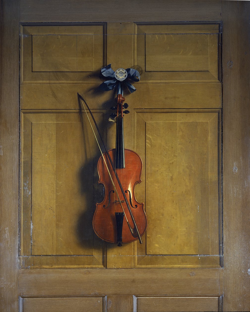 Violin and bow hanging on a door by Jan van der Vaardt
