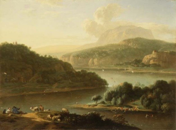 A River Landscape with Shepherd and Peasant Woman in the Foreground by Jan van der the Younger Meer