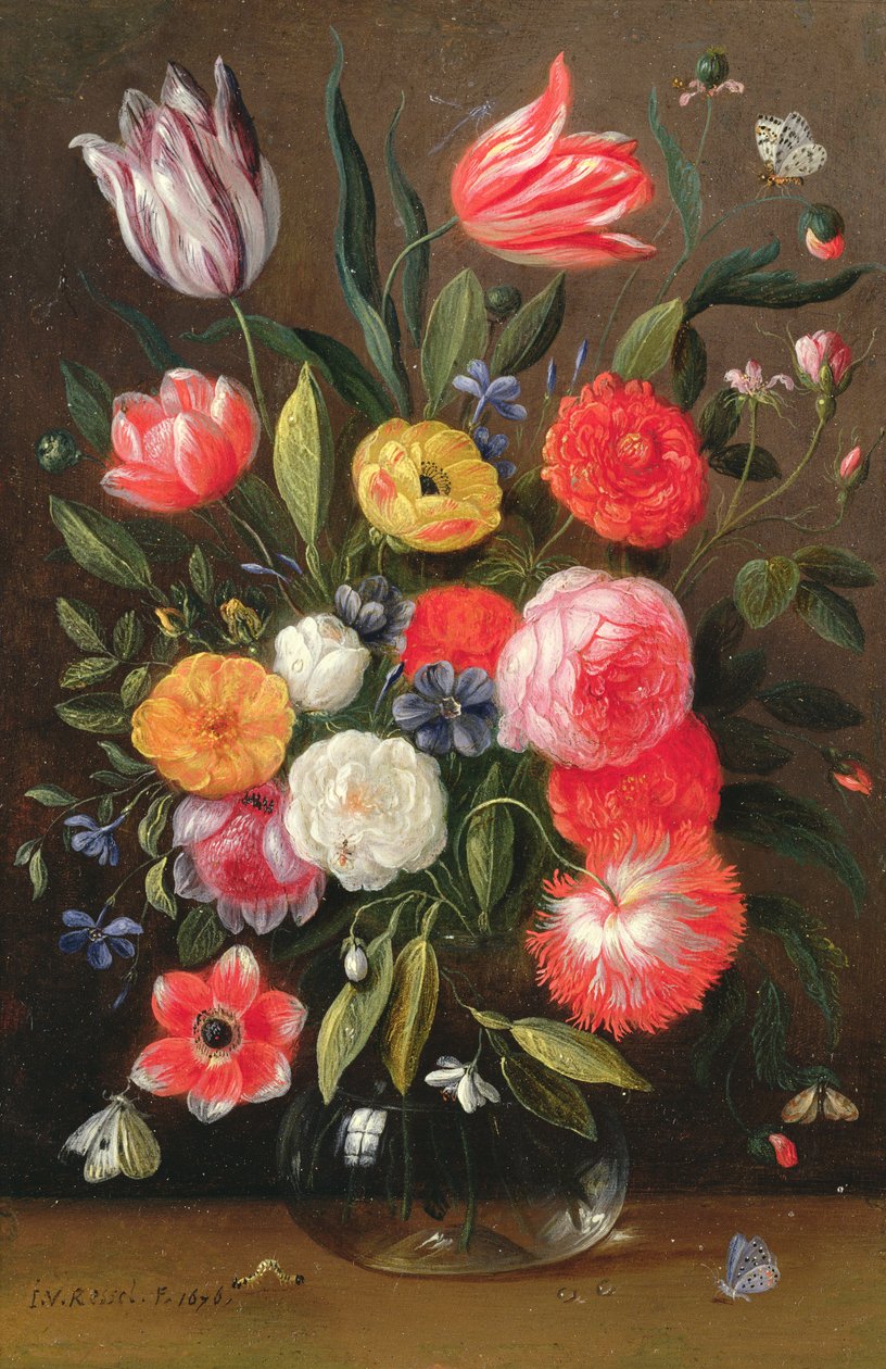 Tulips, Roses, Anemones and other Flowers in a Glass Vase with Butterflies and a Caterpillar on a Ledge by Jan van the Elder Kessel