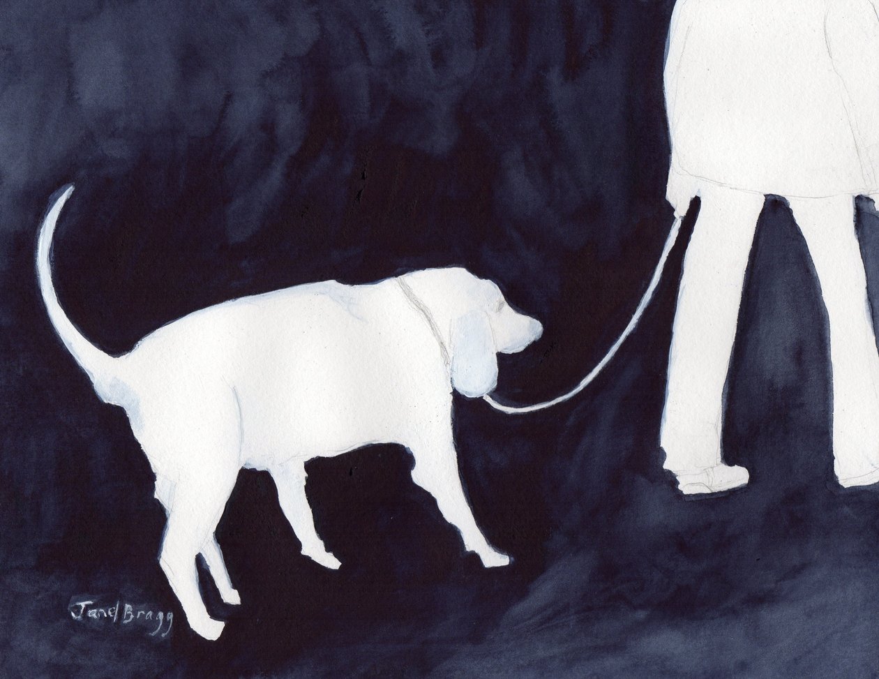 Man Walking his Dog in Indigo II by Janel Bragg