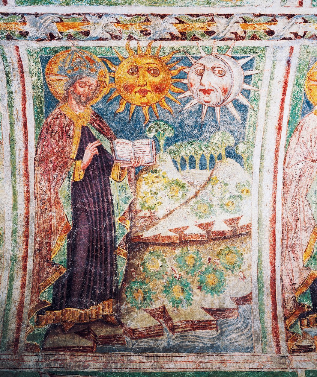 Hrastovlje fortified church, Trinity Church, Genesis, God creates sun, moon and stars (detail), Slovenia by Janez Kastav