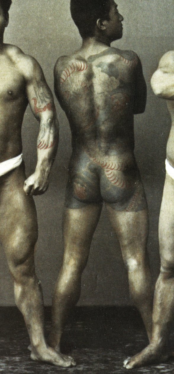Men with Traditional Japanese Irezumi Tattoos, c.1880 (hand coloured albumen photo) by Japanese Photographer