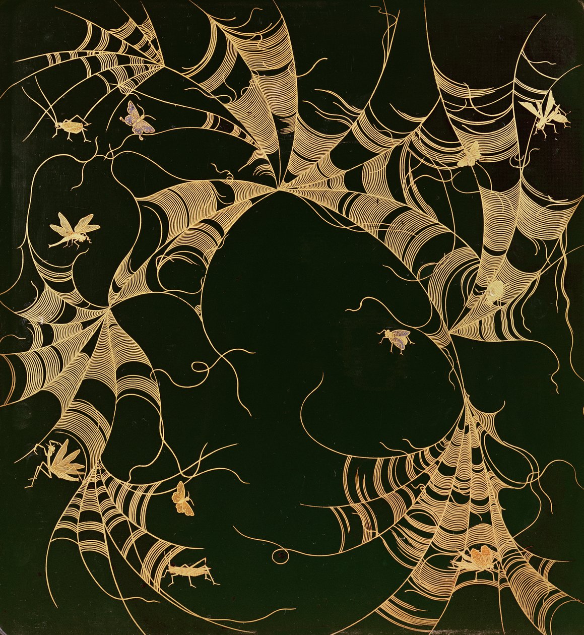 Inro decorated with cobwebs and insects by Japanese School