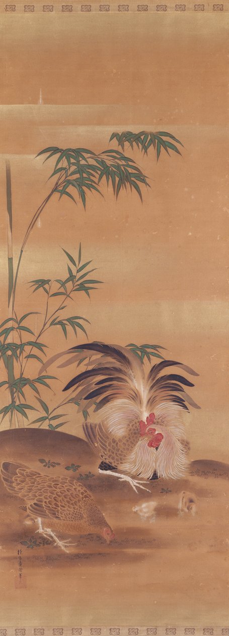 Japanese Kakemono of a Cockerel, Hen and Chicks by Japanese School