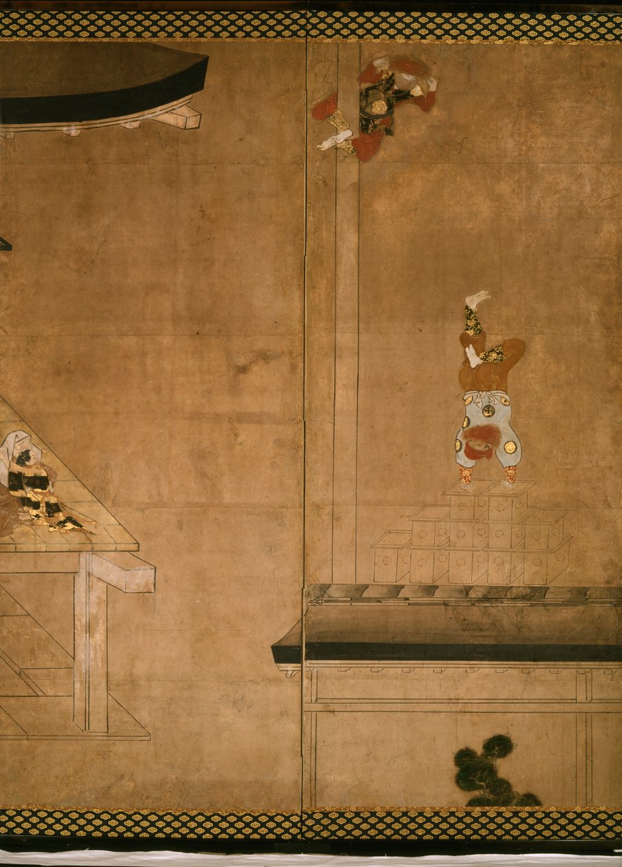 Six-fold screen depicting acrobats performing before a rich household