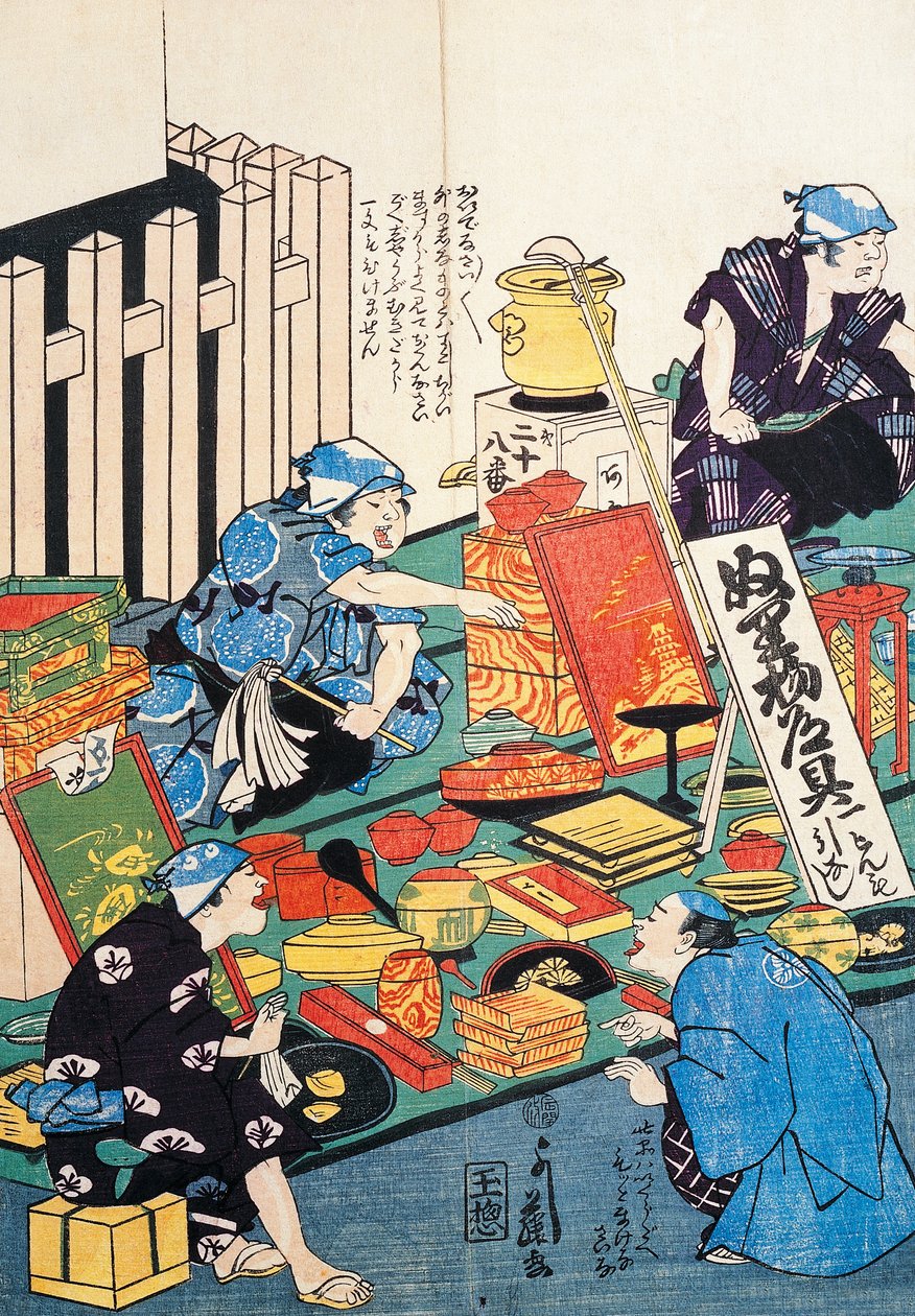 Stand with boxes, fans, books and kakemonos by Japanese School