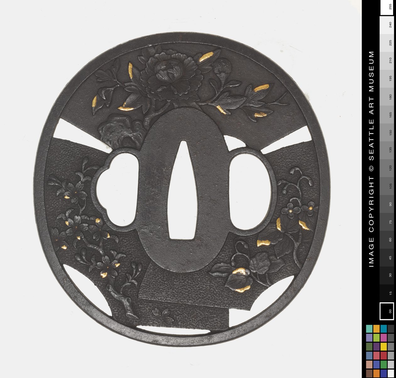 Tsuba: Chrysanthemum, Cherry, Iris by Japanese School
