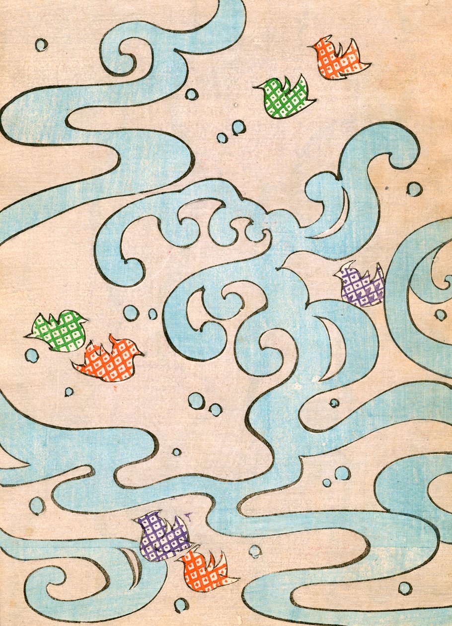 Stylized Birds Flying Over Water by Japanese School