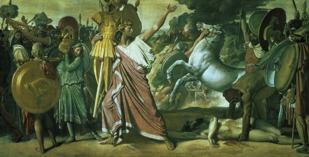 Romulus, conqueror of Acron, taking his booty to the Temple of Jupiter ...