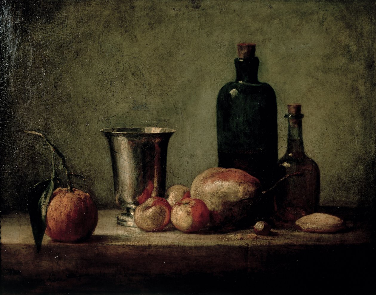 Still-life with Silver Beaker, Fruit and Bottles on a Table by Jean Baptiste Simeon Chardin