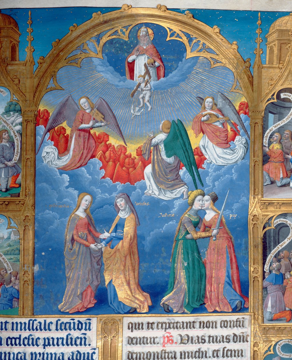The Trinity surrounded by three angels and below them personifications of Mercy and Truth and Righteousness embracing Peace (Psalm 85) (detail) by Jean Fouquet