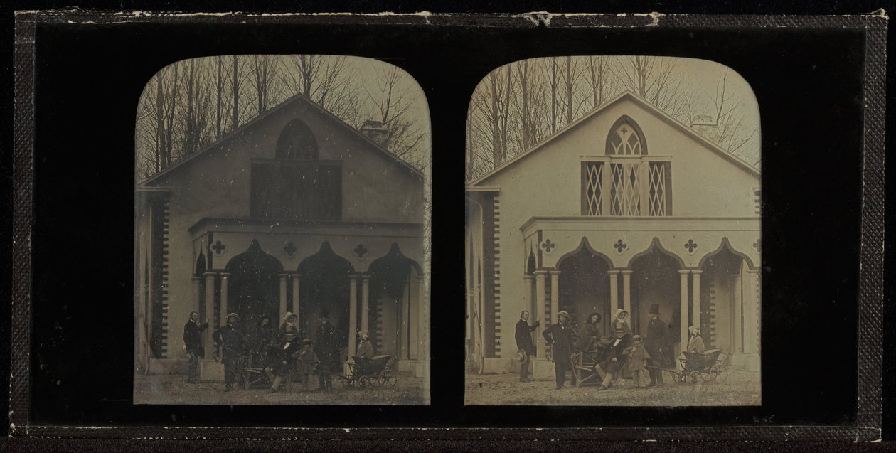 Group portrait of eight members of the Circle of Eynard-Lullin, in front of house Grandfleur deau by Jean Gabriel Eynard