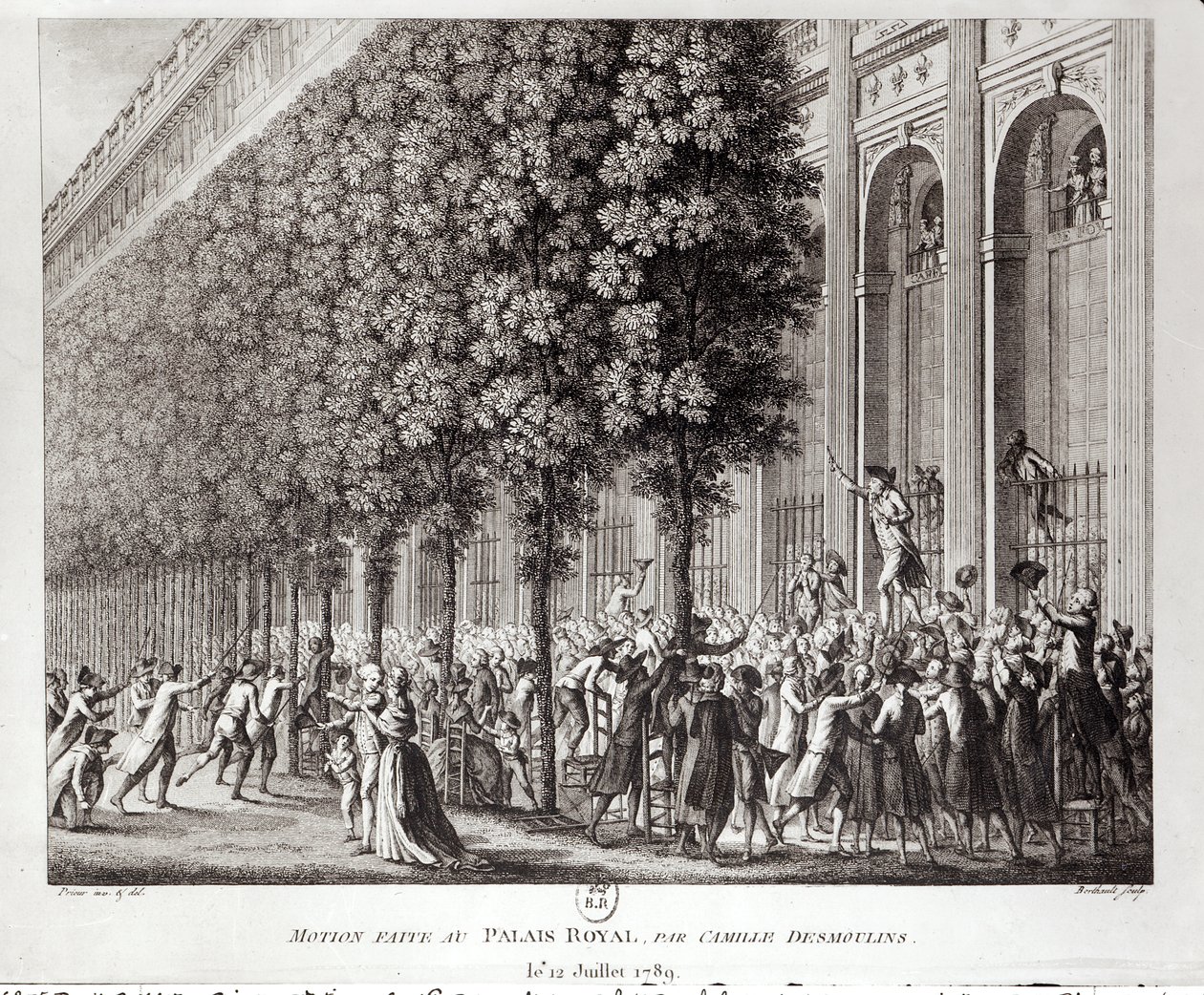Camille Desmoulins (1760-94) Speaking at the Palais Royal, 12 July 1789, engraved by Pierre Gabriel Berthault by Jean Louis the Younger Prieur