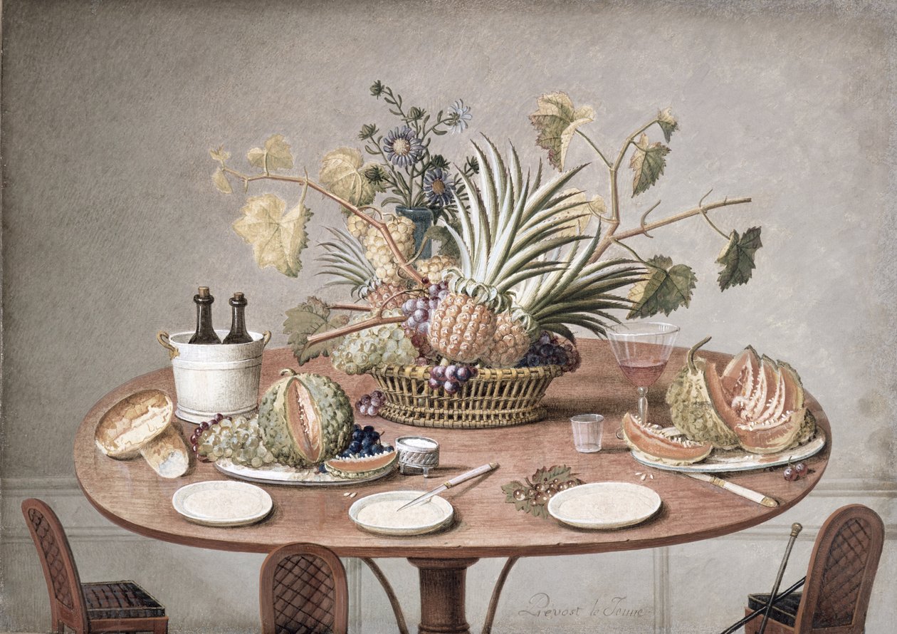 Still Life of a Table with Flowers and Fruit by Jean Louis Prevost